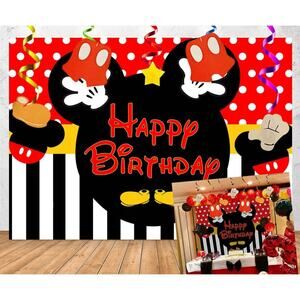 Happy Birthday Black Mouse Banner 5 x 3 Photo Backdrop Kids Party Decor Red